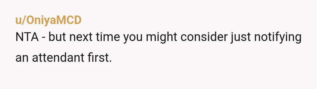 u/OniyaMCD
NTA - but next time you might consider just notifying an attendant first.