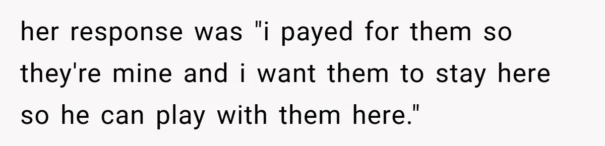 her response was "i payed for them so they're mine and i want them to stay here so he can play with them here."