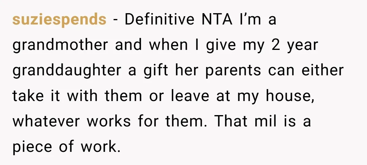 suziespends − Definitive NTA I’m a grandmother and when I give my 2 year granddaughter a gift her parents can either take it with them or leave at my house,...