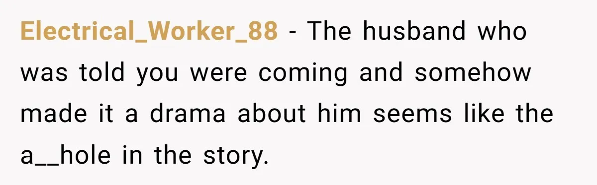 Electrical_Worker_88 − The husband who was told you were coming and somehow made it a drama about him seems like the a__hole in the story.