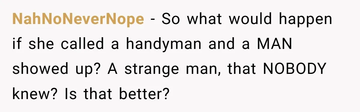 NahNoNeverNope − So what would happen if she called a handyman and a MAN showed up? A strange man, that NOBODY knew? Is that better?