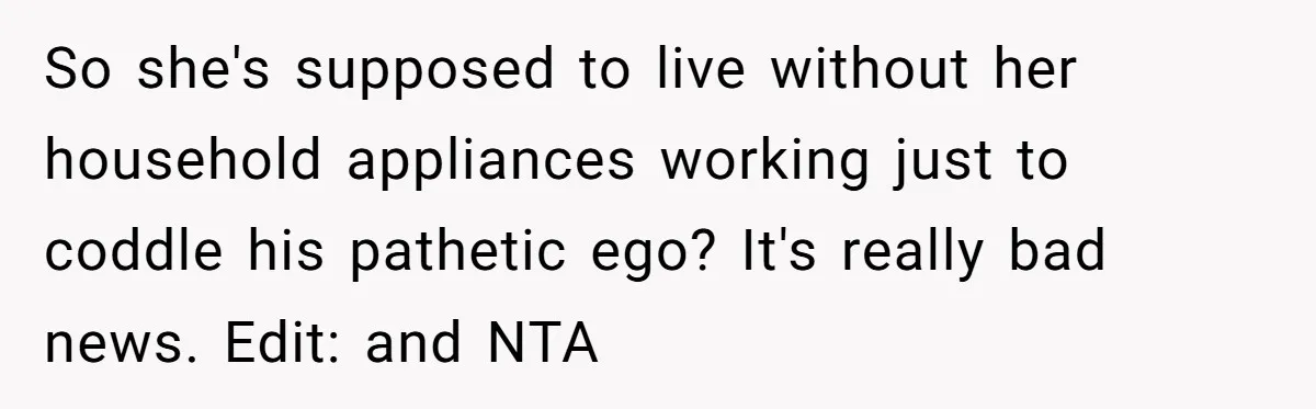 So she's supposed to live without her household appliances working just to coddle his pathetic ego? It's really bad news. Edit: and NTA