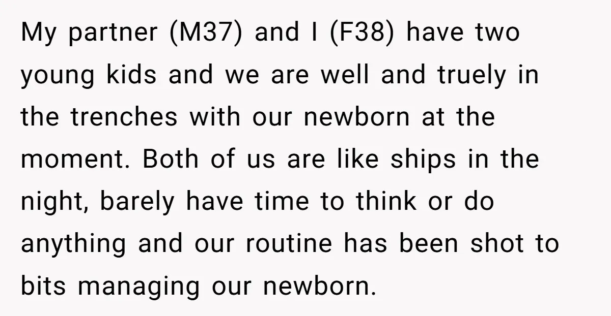 My partner (M37) and I (F38) have two young kids and we are well and truely in the trenches with our newborn at the moment. Both of us are like...