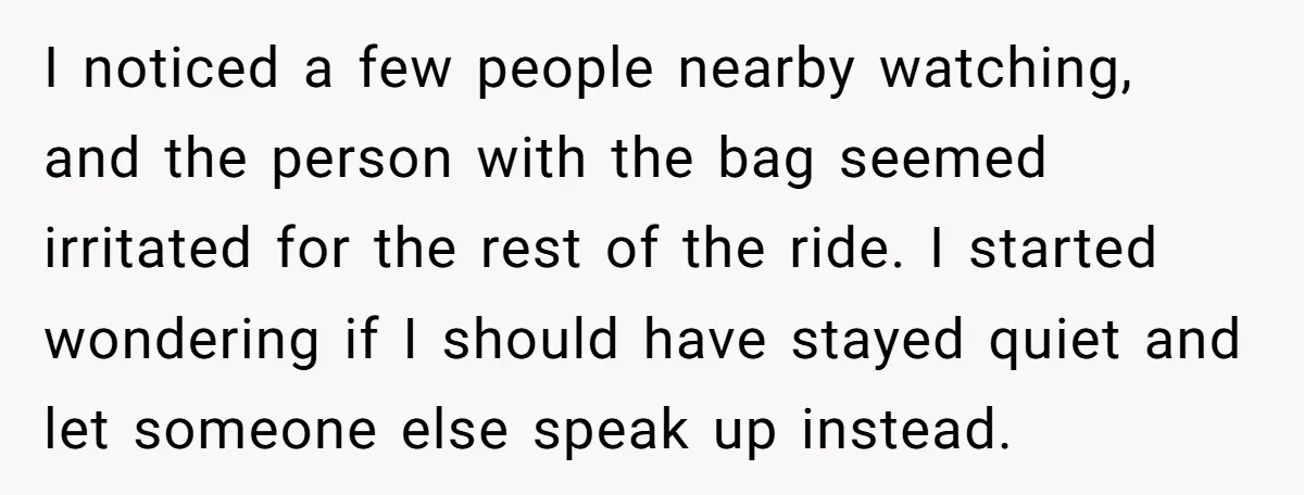 I noticed a few people nearby watching, and the person with the bag seemed irritated for the rest of the ride. I started wondering if I should have stayed quiet...