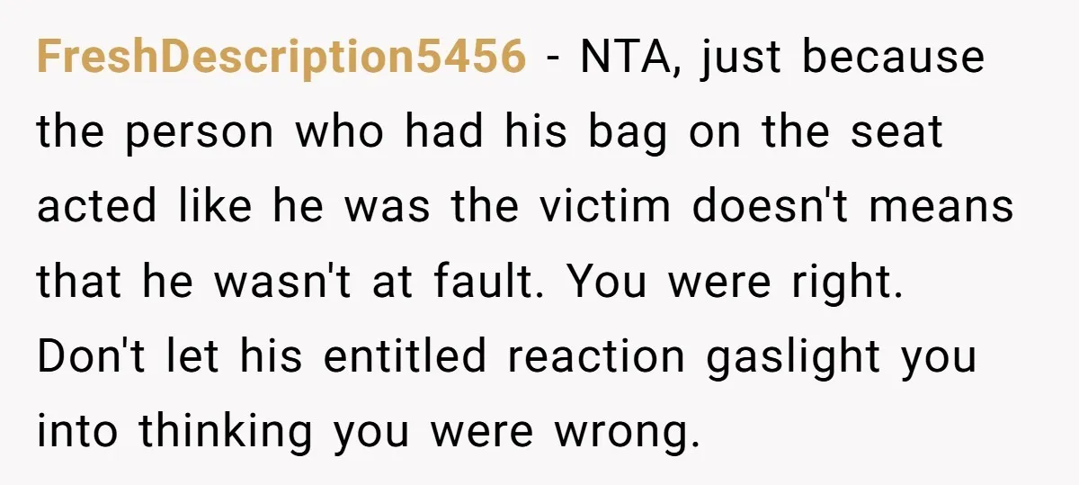 FreshDescription5456 − NTA, just because the person who had his bag on the seat acted like he was the victim doesn't means that he wasn't at fault. You were right....
