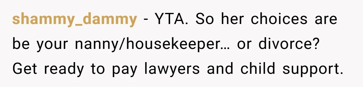 shammy_dammy − YTA. So her choices are be your nanny/housekeeper… or divorce? Get ready to pay lawyers and child support.
