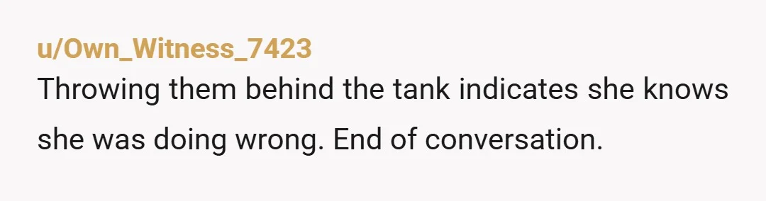u/Own_Witness_7423 Throwing them behind the tank indicates she knows she was doing wrong. End of conversation.
