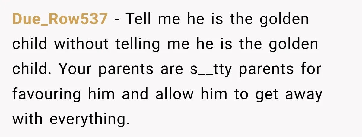 Due_Row537 - Tell me he is the golden child without telling me he is the golden child. Your parents are s__tty parents for favouring him and allow him to get...