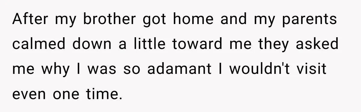 After my brother got home and my parents calmed down a little toward me they asked me why I was so adamant I wouldn't visit even one time.