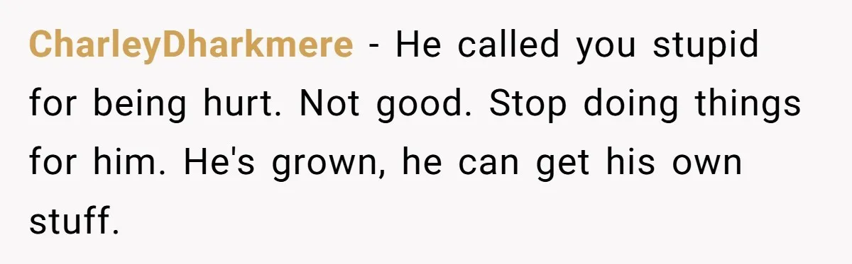 CharleyDharkmere − He called you stupid for being hurt. Not good. Stop doing things for him. He's grown, he can get his own stuff.