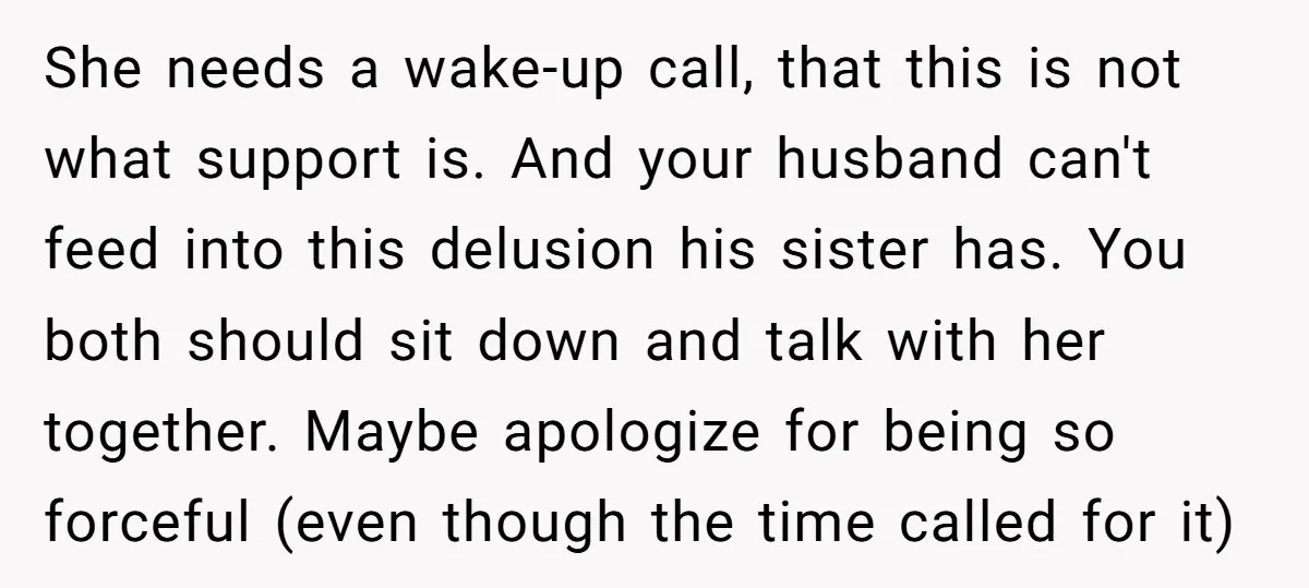 She needs a wake-up call, that this is not what support is. And your husband can't feed into this delusion his sister has. You both should sit down and talk...