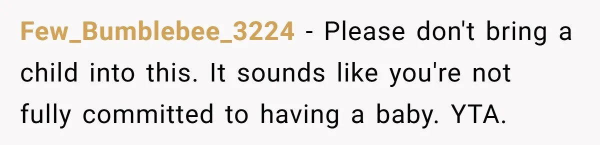 Few_Bumblebee_3224 − Please don't bring a child into this. It sounds like you're not fully committed to having a baby. YTA.