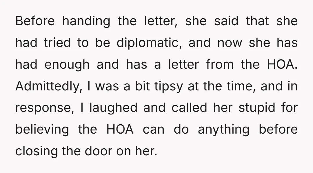 Before handing the letter, she said that she had tried to be diplomatic, and now she has had enough and has a letter from the HOA. Admittedly, I was a...