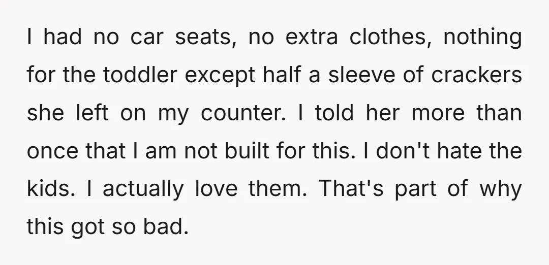 I had no car seats, no extra clothes, nothing for the toddler except half a sleeve of crackers she left on my counter. I told her more than once that...