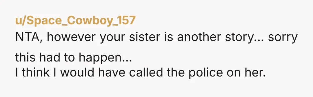 u/Space_Cowboy_157 NTA, however your sister is another story... sorry this had to happen... I think I would have called the police on her.