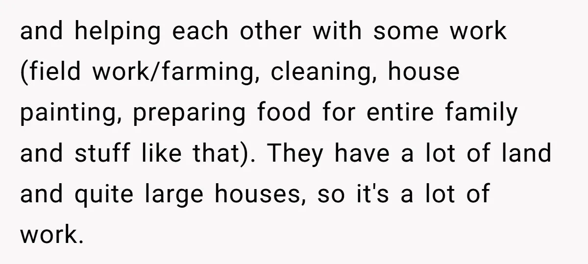 and helping each other with some work (field work/farming, cleaning, house painting, preparing food for entire family and stuff like that). They have a lot of land and quite large...
