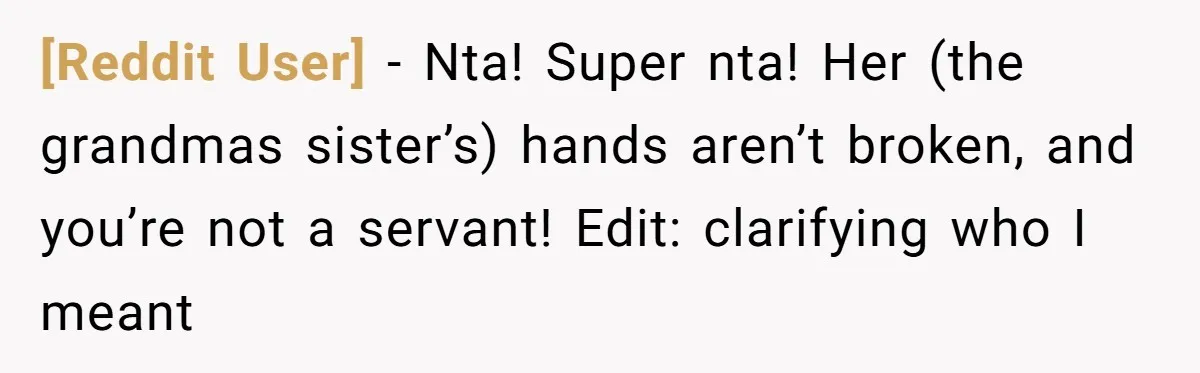 [Reddit User] − Nta! Super nta! Her (the grandmas sister’s) hands aren’t broken, and you’re not a servant! Edit: clarifying who I meant