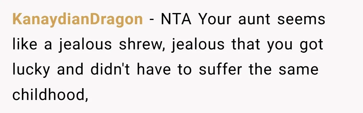 KanaydianDragon − NTA Your aunt seems like a jealous shrew, jealous that you got lucky and didn't have to suffer the same childhood,