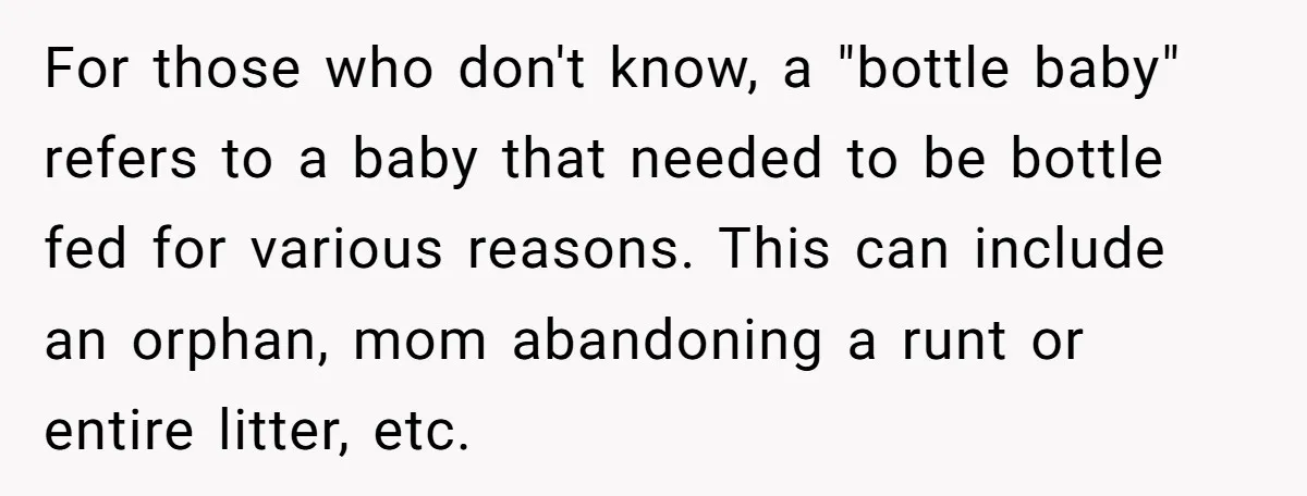 For those who don't know, a "bottle baby" refers to a baby that needed to be bottle fed for various reasons. This can include an orphan, mom abandoning a runt...