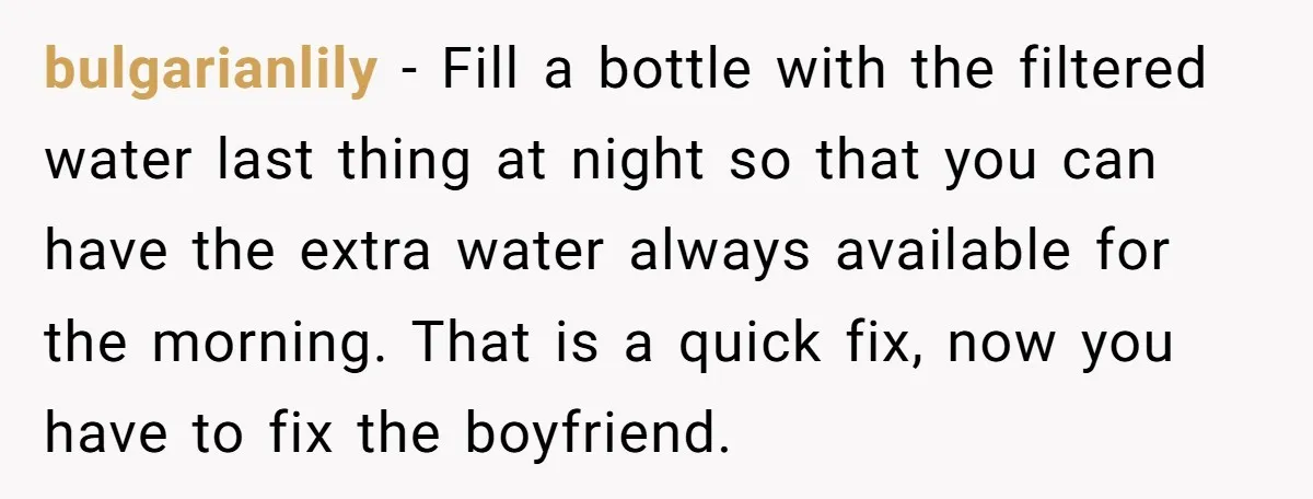 bulgarianlily − Fill a bottle with the filtered water last thing at night so that you can have the extra water always available for the morning. That is a quick...