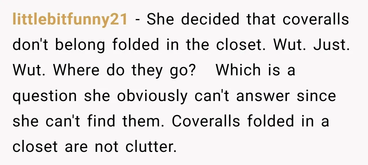 littlebitfunny21 − She decided that coveralls don't belong folded in the closet. Wut. Just. Wut. Where do they go? Which is a question she obviously can't answer since she can't...