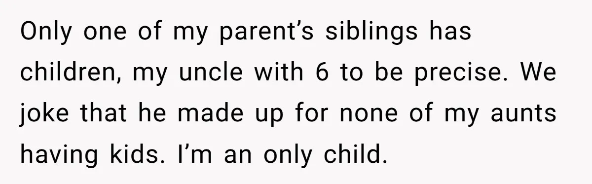 Only one of my parent’s siblings has children, my uncle with 6 to be precise. We joke that he made up for none of my aunts having kids. I’m an...