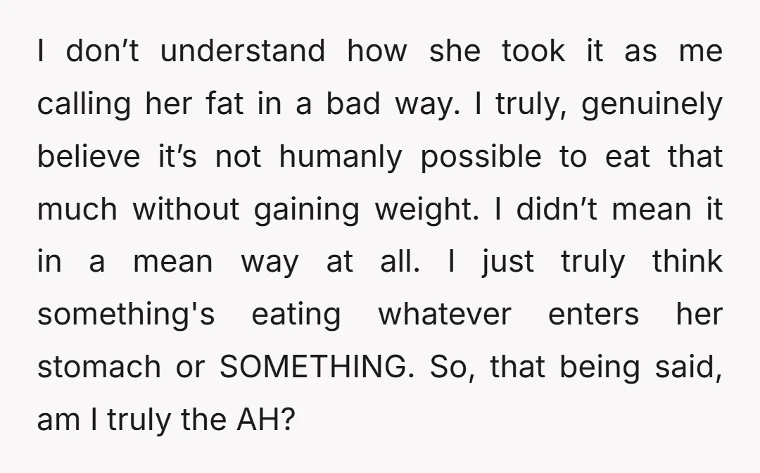 I don’t understand how she took it as me calling her fat in a bad way. I truly, genuinely believe it’s not humanly possible to eat that much without gaining...