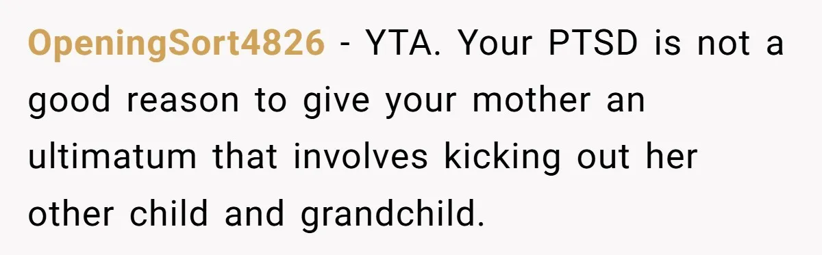 OpeningSort4826 − YTA. Your PTSD is not a good reason to give your mother an ultimatum that involves kicking out her other child and grandchild.