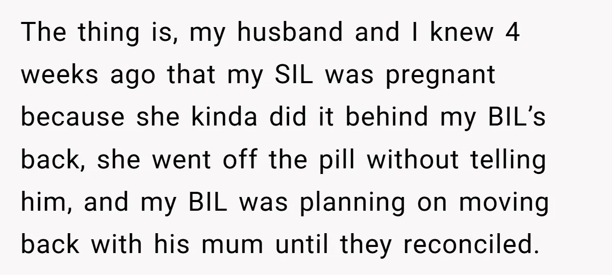 The thing is, my husband and I knew 4 weeks ago that my SIL was pregnant because she kinda did it behind my BIL’s back, she went off the pill...