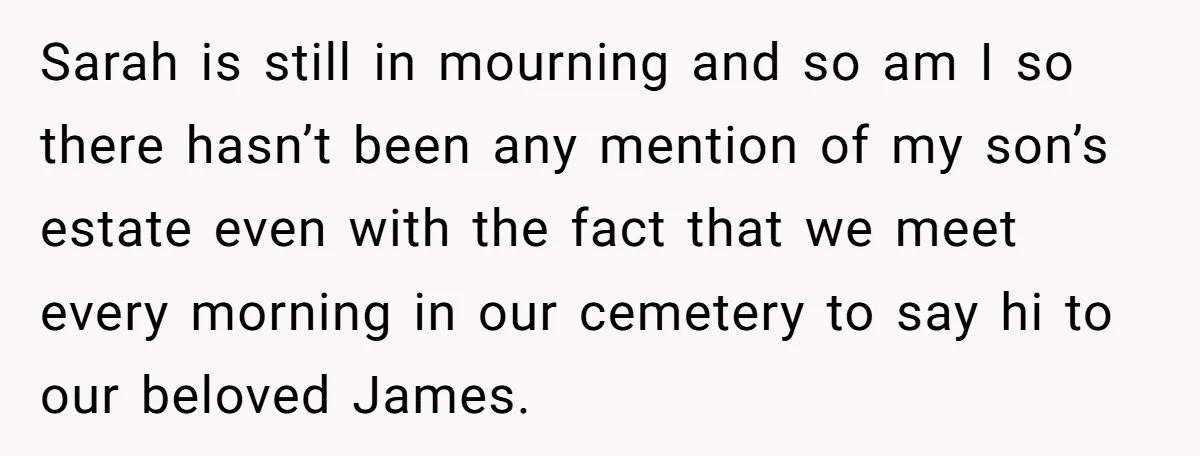 Sarah is still in mourning and so am I so there hasn’t been any mention of my son’s estate even with the fact that we meet every morning in our...