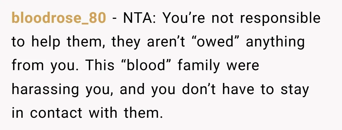 bloodrose_80 − NTA: You’re not responsible to help them, they aren’t “owed” anything from you. This “blood” family were harassing you, and you don’t have to stay in contact with...