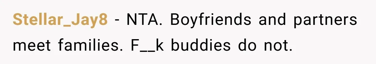 Stellar_Jay8 − NTA. Boyfriends and partners meet families. F__k buddies do not.