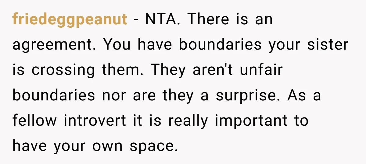 friedeggpeanut − NTA. There is an agreement. You have boundaries your sister is crossing them. They aren't unfair boundaries nor are they a surprise. As a fellow introvert it is...