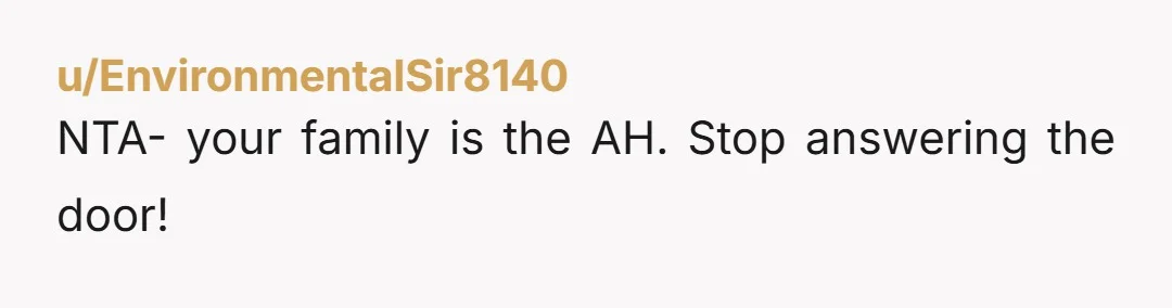 u/EnvironmentalSir8140
NTA- your family is the AH. Stop answering the door!