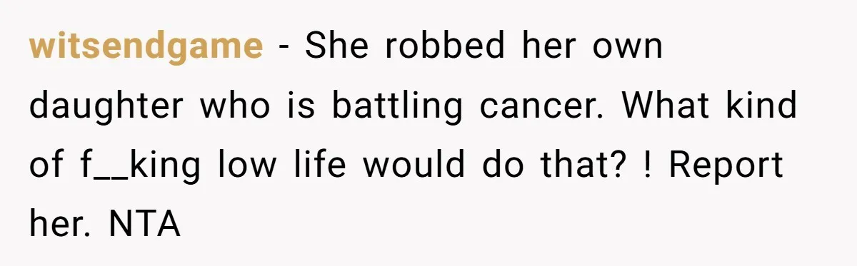 witsendgame − She robbed her own daughter who is battling cancer. What kind of f__king low life would do that? ! Report her. NTA