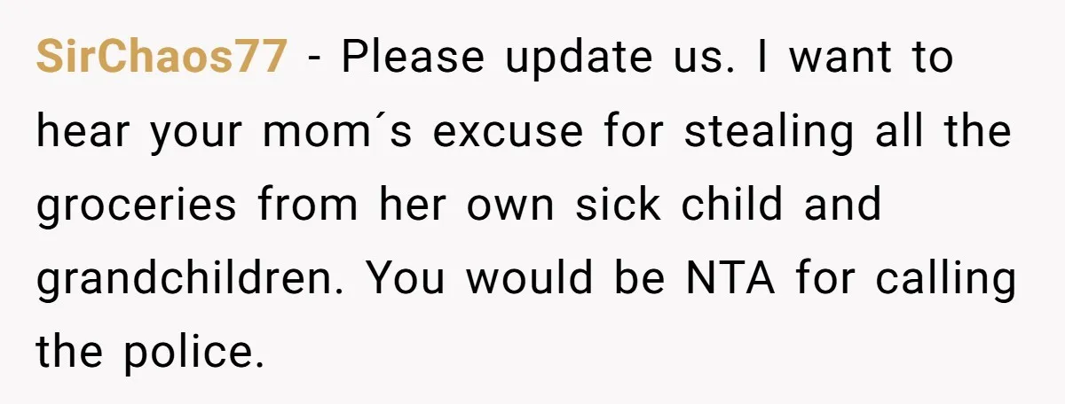 SirChaos77 − Please update us. I want to hear your mom´s excuse for stealing all the groceries from her own sick child and grandchildren. You would be NTA for calling...