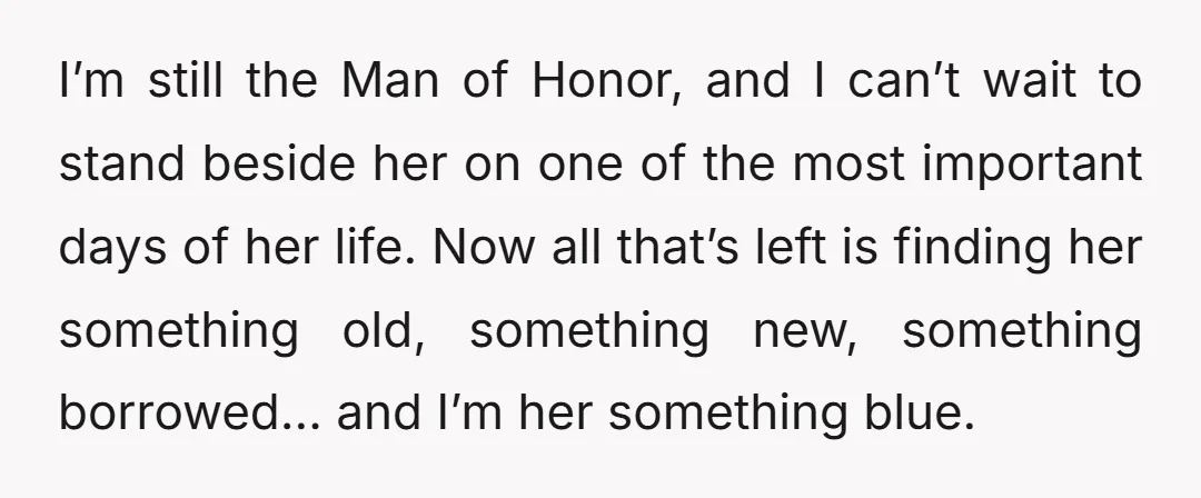 I’m still the Man of Honor, and I can’t wait to stand beside her on one of the most important days of her life. Now all that’s left is finding...