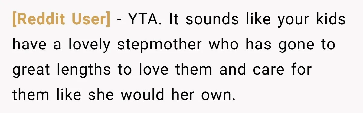 [Reddit User] − YTA. It sounds like your kids have a lovely stepmother who has gone to great lengths to love them and care for them like she would her...