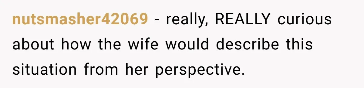 nutsmasher42069 − really, REALLY curious about how the wife would describe this situation from her perspective.