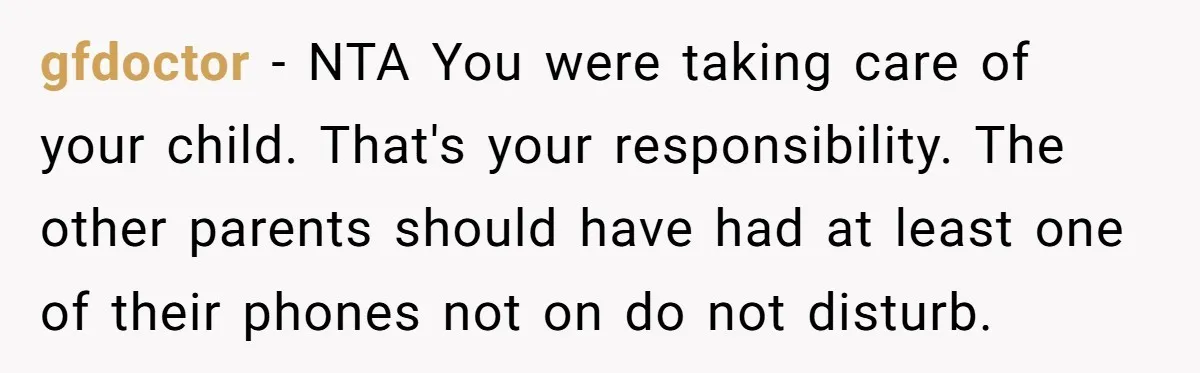 gfdoctor − NTA You were taking care of your child. That's your responsibility. The other parents should have had at least one of their phones not on do not disturb.