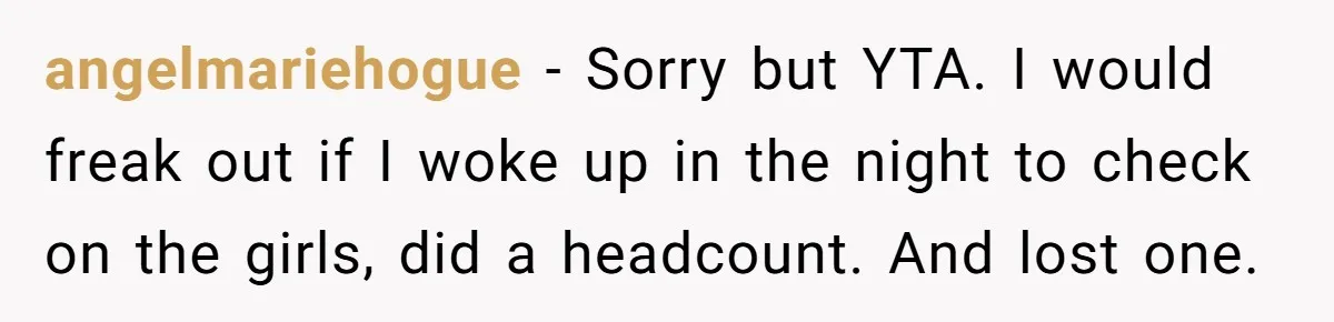 angelmariehogue − Sorry but YTA. I would freak out if I woke up in the night to check on the girls, did a headcount. And lost one.