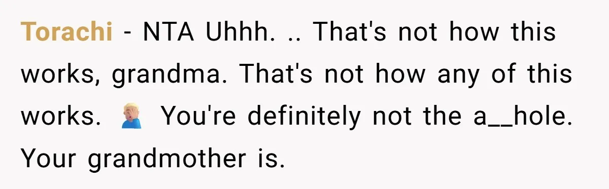 Torachi − NTA Uhhh. .. That's not how this works, grandma. That's not how any of this works. 🤦🏼♂️ You're definitely not the a__hole. Your grandmother is.