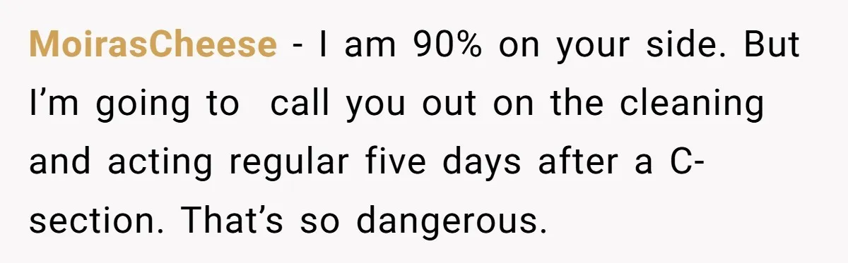 MoirasCheese − I am 90% on your side. But I’m going to call you out on the cleaning and acting regular five days after a C-section. That’s so dangerous.