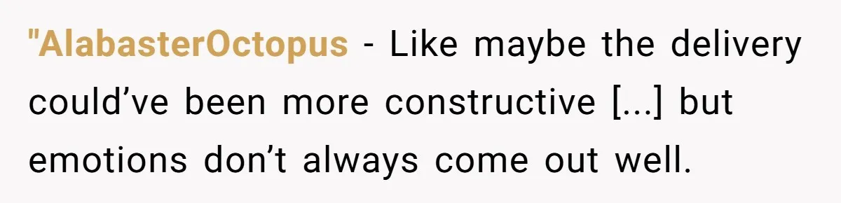 "AlabasterOctopus − Like maybe the delivery could’ve been more constructive [...] but emotions don’t always come out well.