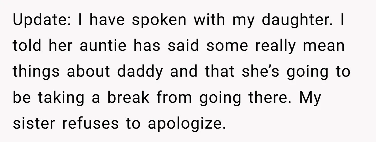 Update: I have spoken with my daughter. I told her auntie has said some really mean things about daddy and that she’s going to be taking a break from going...