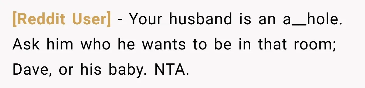 [Reddit User] − Your husband is an a__hole. Ask him who he wants to be in that room; Dave, or his baby. NTA.