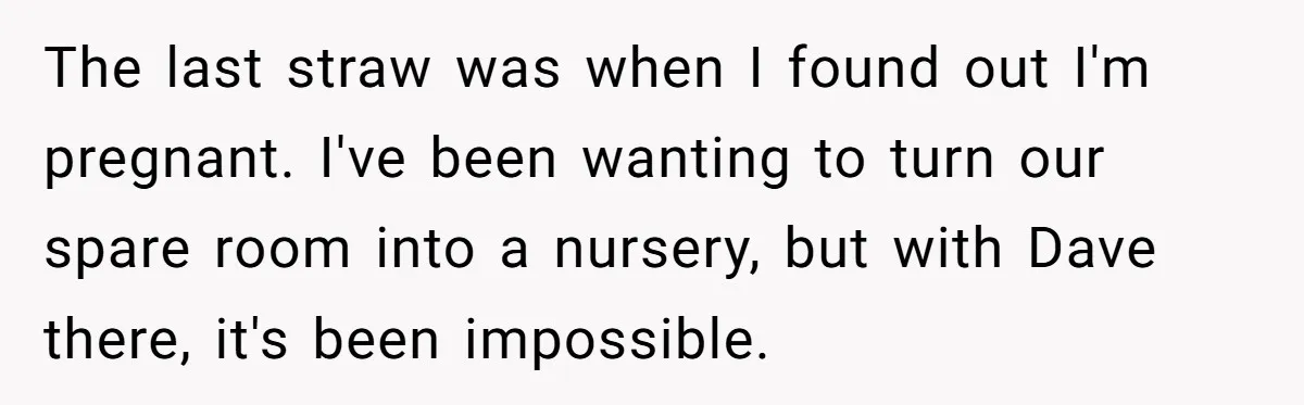 The last straw was when I found out I'm pregnant. I've been wanting to turn our spare room into a nursery, but with Dave there, it's been impossible.