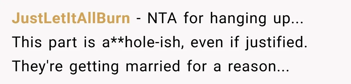 JustLetItAllBurn − NTA for hanging up... This part is a**hole-ish, even if justified. They're getting married for a reason...