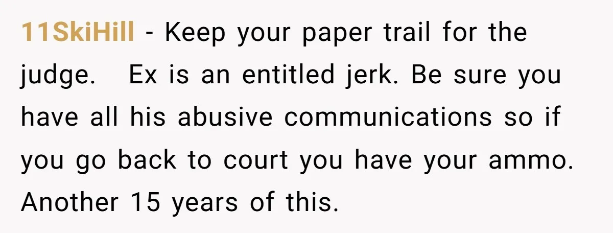 11SkiHill − Keep your paper trail for the judge. Ex is an entitled jerk. Be sure you have all his abusive communications so if you go back to court you...