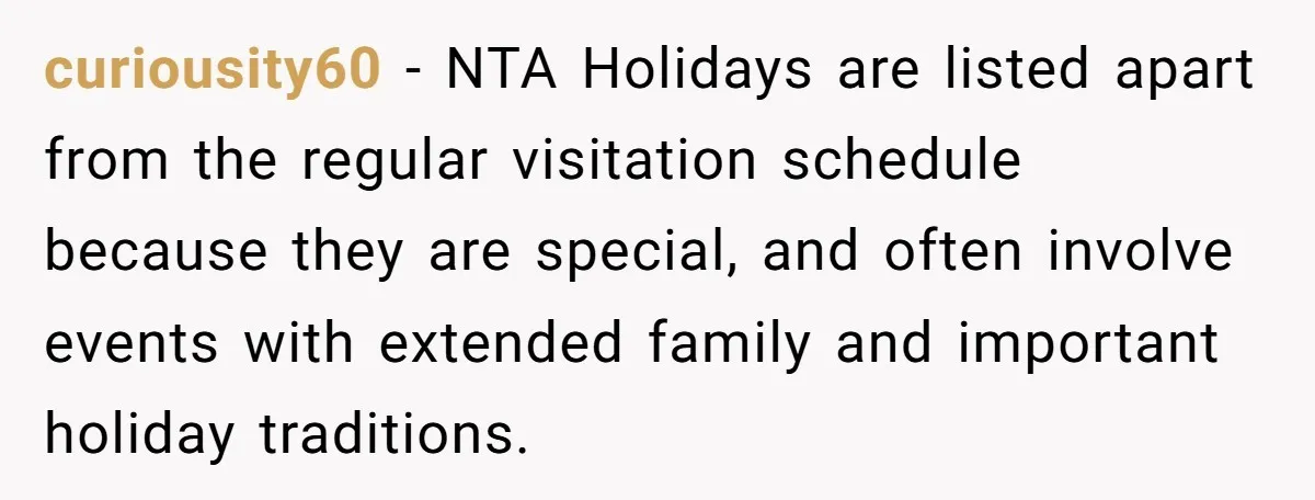 curiousity60 − NTA Holidays are listed apart from the regular visitation schedule because they are special, and often involve events with extended family and important holiday traditions.
